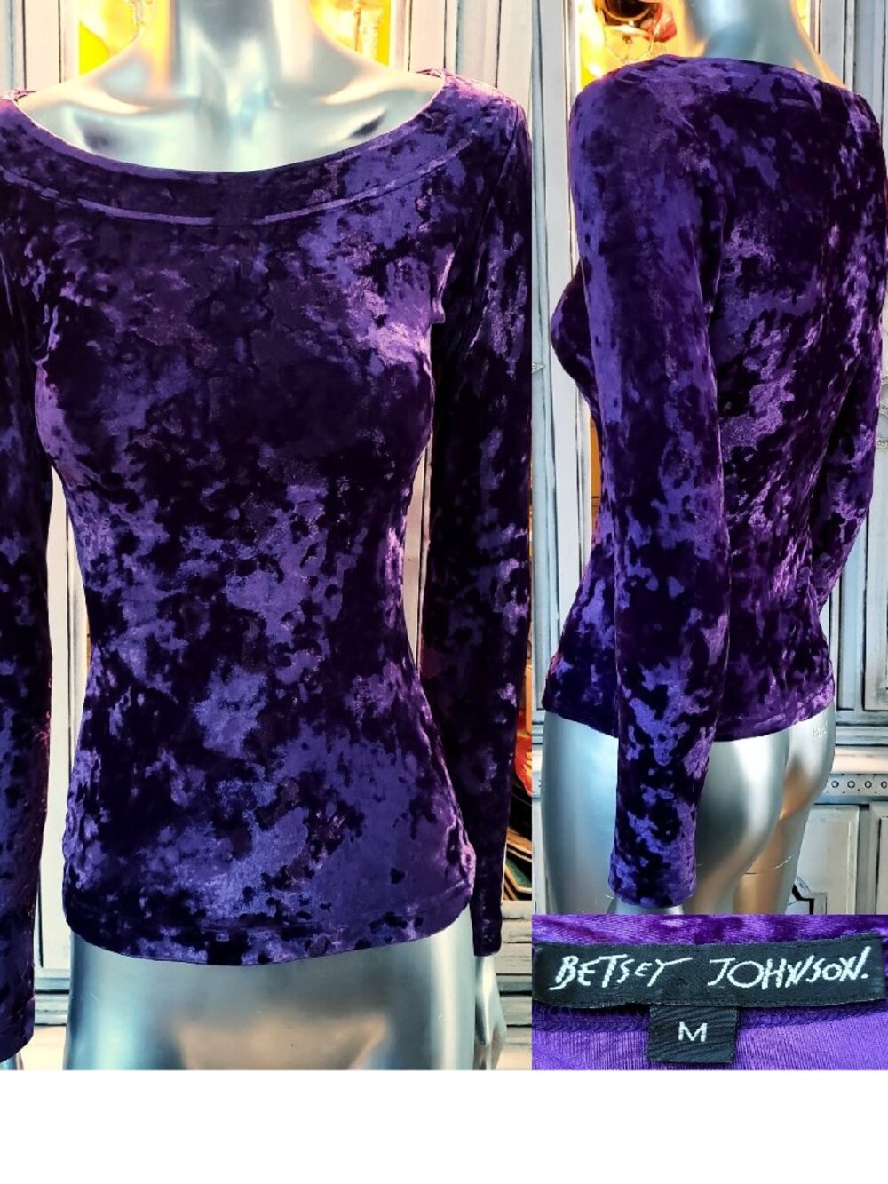 Vintage Betsey Johnson Crushed Velvet Long Sleeve Purple Shirt Stretch Top M / S